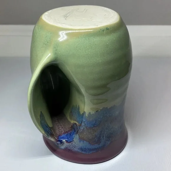 Neher Pottery Hand Warmer Mug Drip Glazed Minnesota Cup, Signed 2012 Blue Purple - Picture 7 of 11